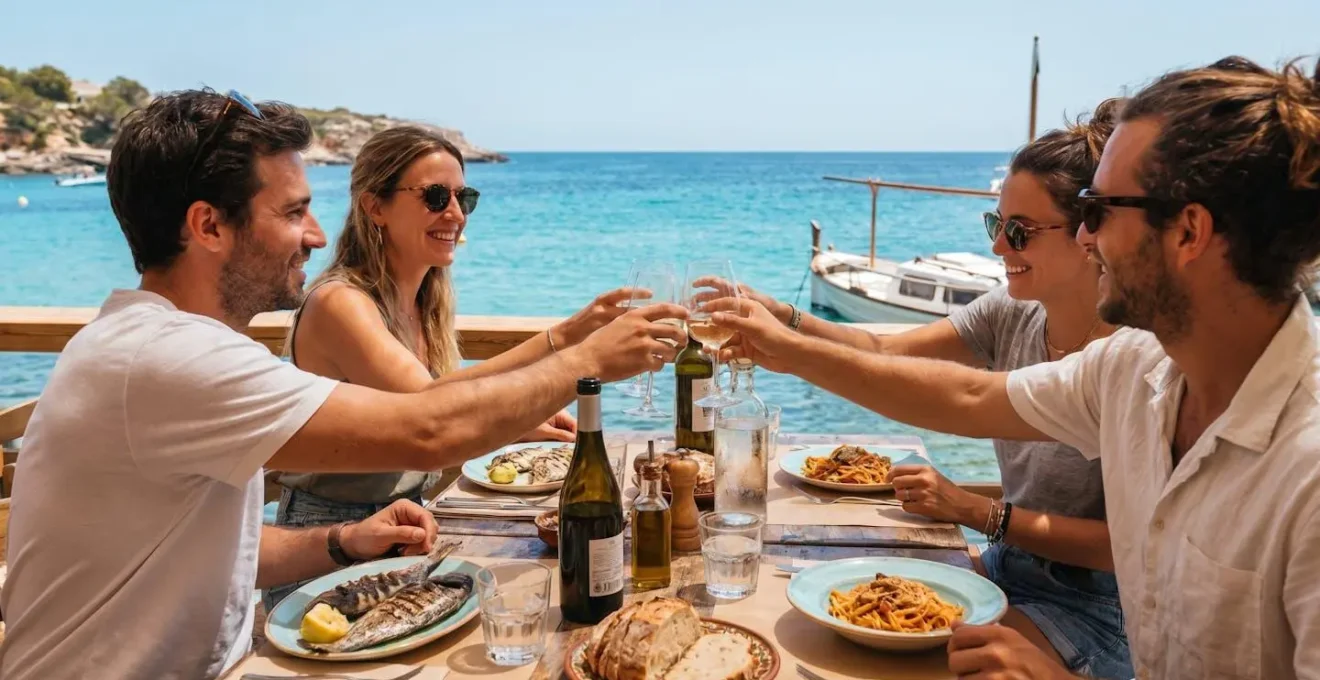 Tavolo apparecchiato sul ponte di un traghetto con vista sul mare, passeggeri che condividono un pasto