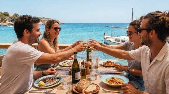 Tavolo apparecchiato sul ponte di un traghetto con vista sul mare, passeggeri che condividono un pasto